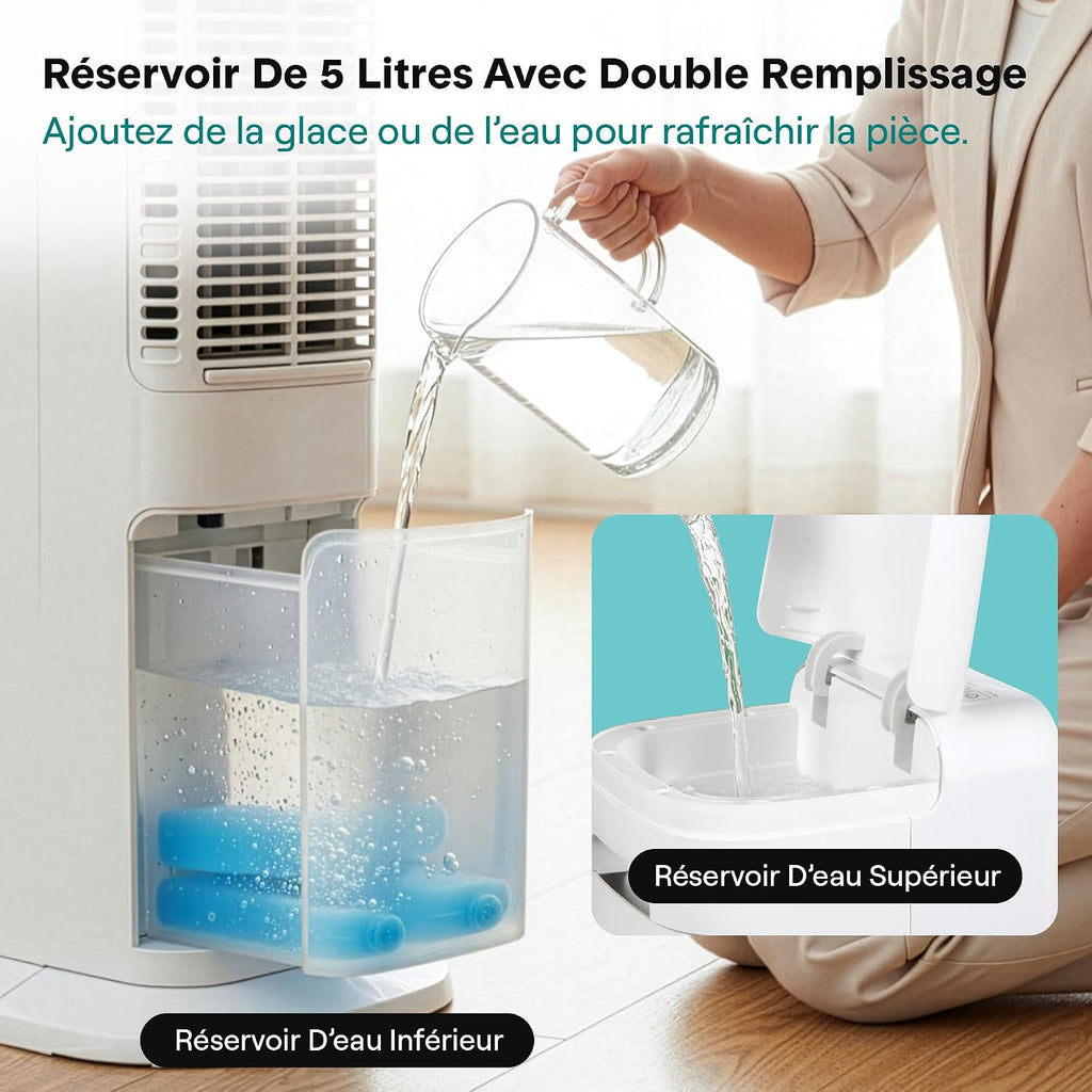 SereneLife Rafraîchisseur d'Air Évaporatif 5 L avec Télécommande, Ventilateur Colonne Oscillant Silencieux, 3 Vitesses, 4 Blocs Réfrigérants, Pour Chambre, Salon et Bureau