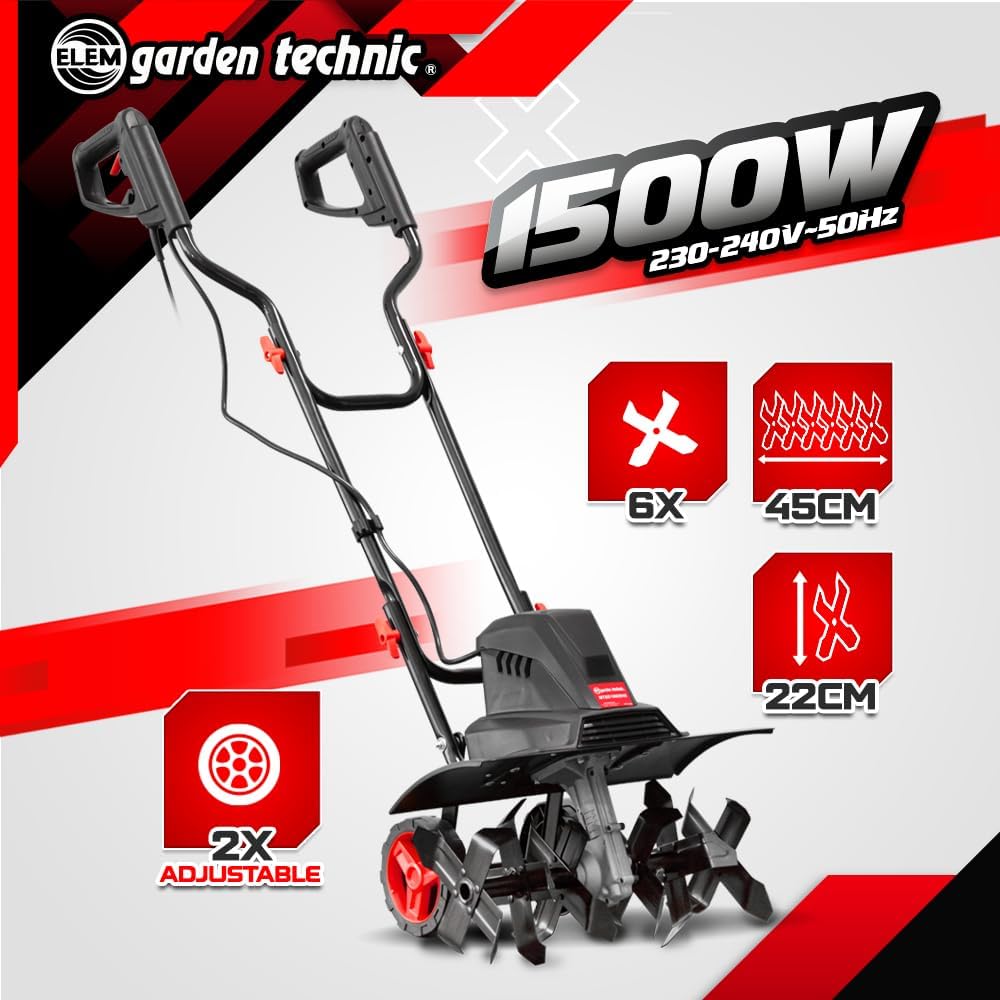 Motobineuse électrique 1500W - 6 Fraises - 45cm - Elem Garden