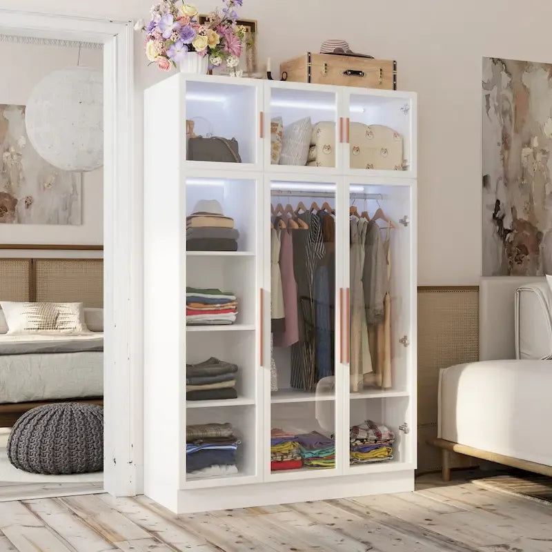 47.2 Wide Armoire LED Light All Glass Door Closet Cabinet Wardrobe