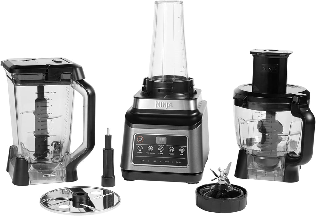 Ninja 3-en-1 Robot de cuisine et mixeur avec 5 programmes: Mixer, Mixer Max, Hacher, Mélanger, Purée, Bol 1,8L, Cruche 2,1L, Tasse 700ml, 1200W, lavables au lave-vaisselle, Auto-iQ, Noir BN800EU