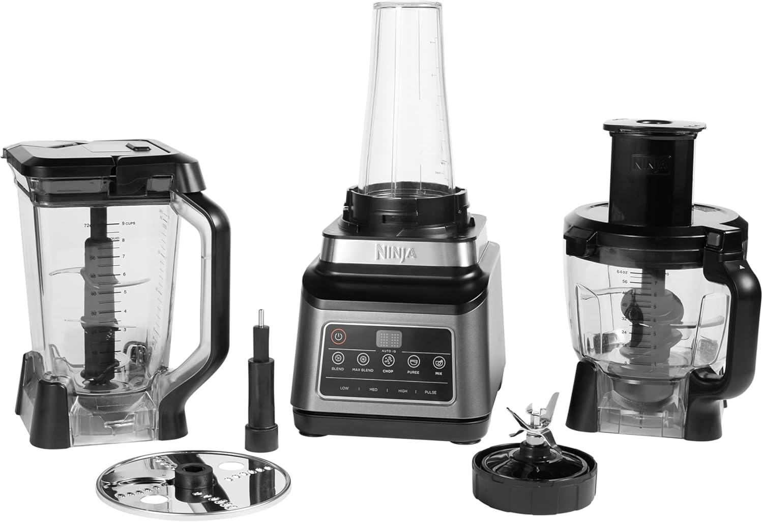 Ninja 3-en-1 Robot de cuisine et mixeur avec 5 programmes: Mixer, Mixer Max, Hacher, Mélanger, Purée, Bol 1,8L, Cruche 2,1L, Tasse 700ml, 1200W, lavables au lave-vaisselle, Auto-iQ, Noir BN800EU