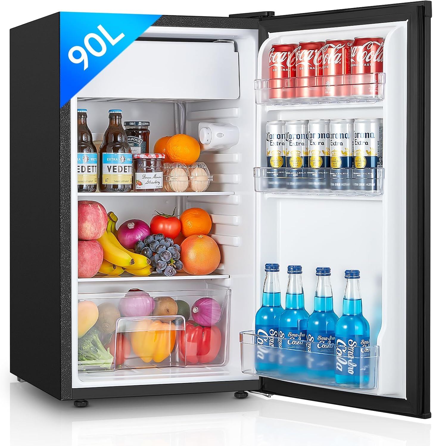 FOHERE Petit Frigo avec Congélateur de 91L, Réfrigérateur à une porte, Bac à Légumes, Thermostat Réglable, Silencieux, Petit Frigo de Bureau, Porte Réversible, Dortoir, Chambre, Noir
