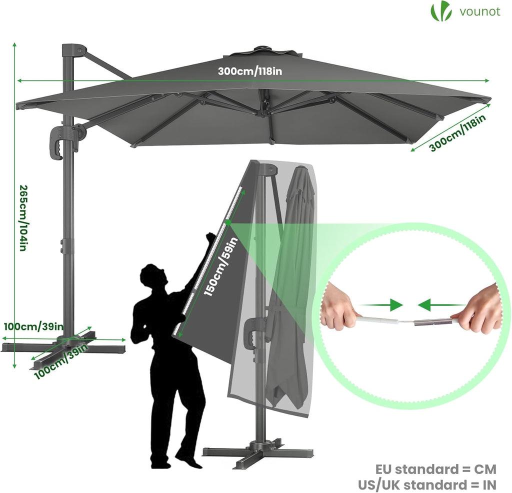 vounot® Parasol Déporté Carré 3x3M avec 8 Baleines Parasol de Jardin Extérieur Rotation 360° Inclinable 6 Positions Toile Polyester Anti UV et Imperméable avec Housse Gris Foncé