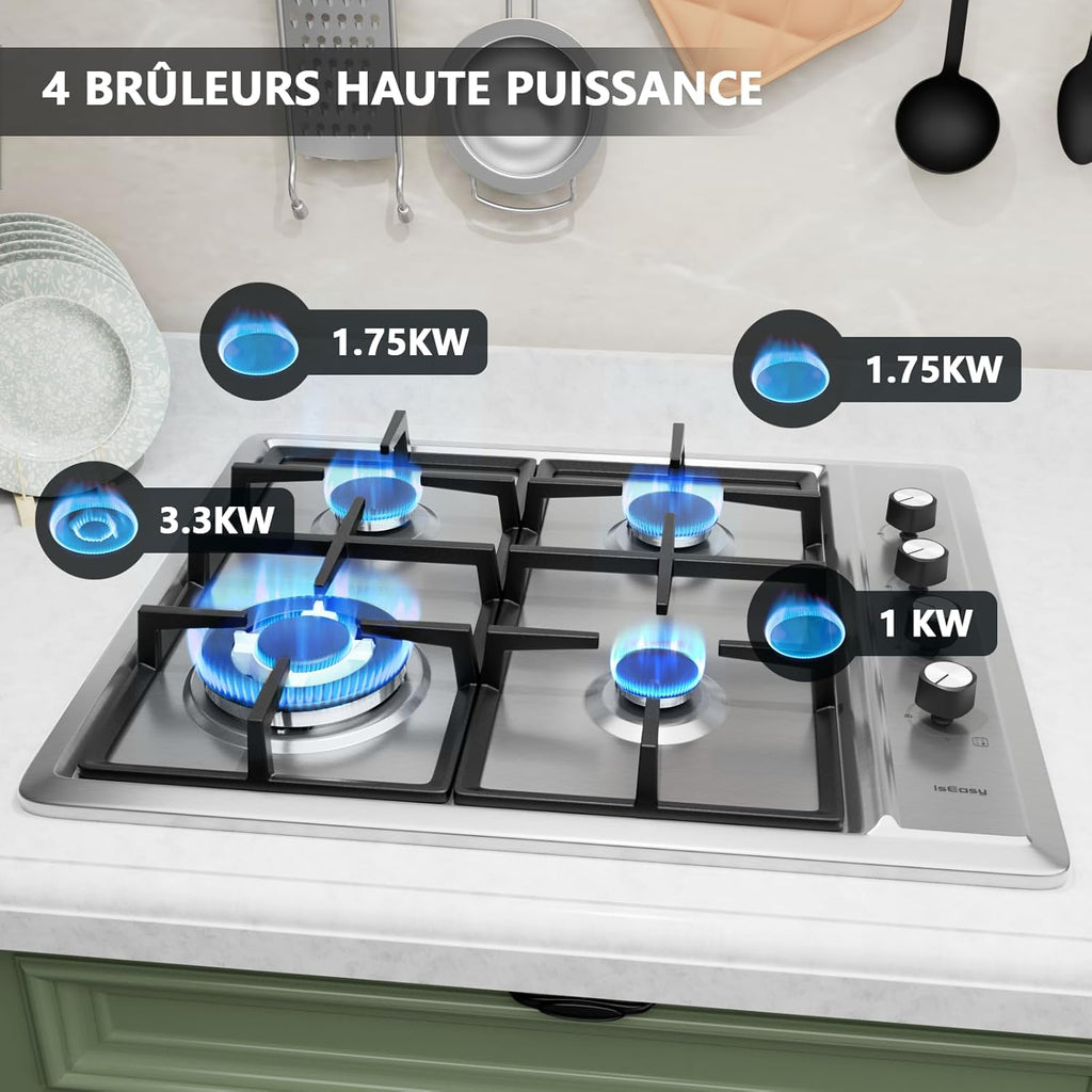 IsEasy Plaque Gaz 4 Feux Inox, Plaque de Cuisson Gaz 4 feux Encastrable, Table de cuisson 60cm, Gazs Ville et Bouteille