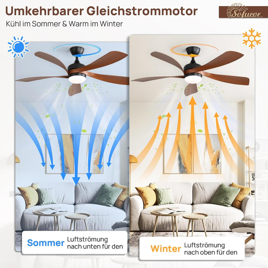 Sofucor Ventilateur Plafond avec Lumiere et Telecommande, 132 cm Dimmable Lampe Ventilateur Plafond LED, 6 Vitesses, DC Silencieux Réversibles, Minuterie, pour Chambre