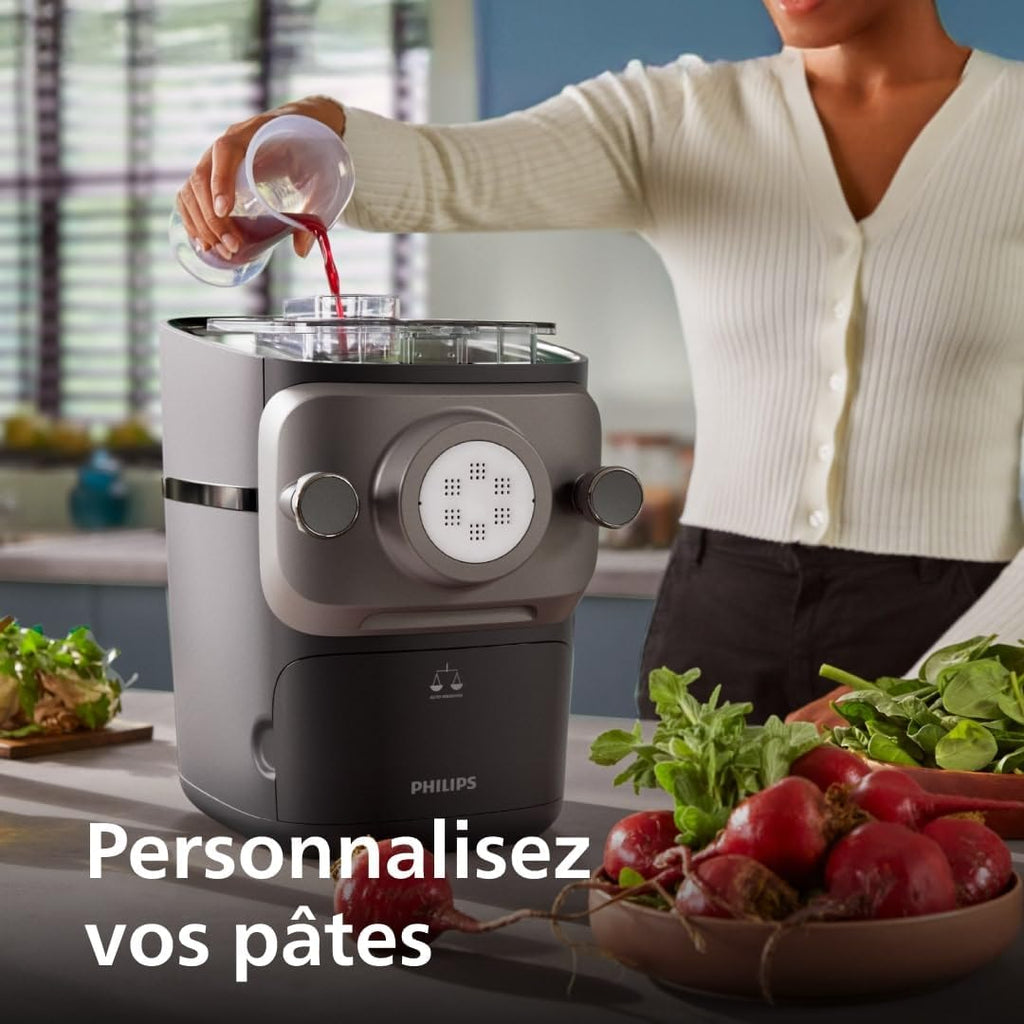Philips Machine à Pâtes Série 7000 - Technologie ProExtrude, Pesée Automatique, 8 Disques de Forme, Pâte Parfaite, Nettoyage Facile, Jusqu'à 8 Portions, Noir (HR2665/93)