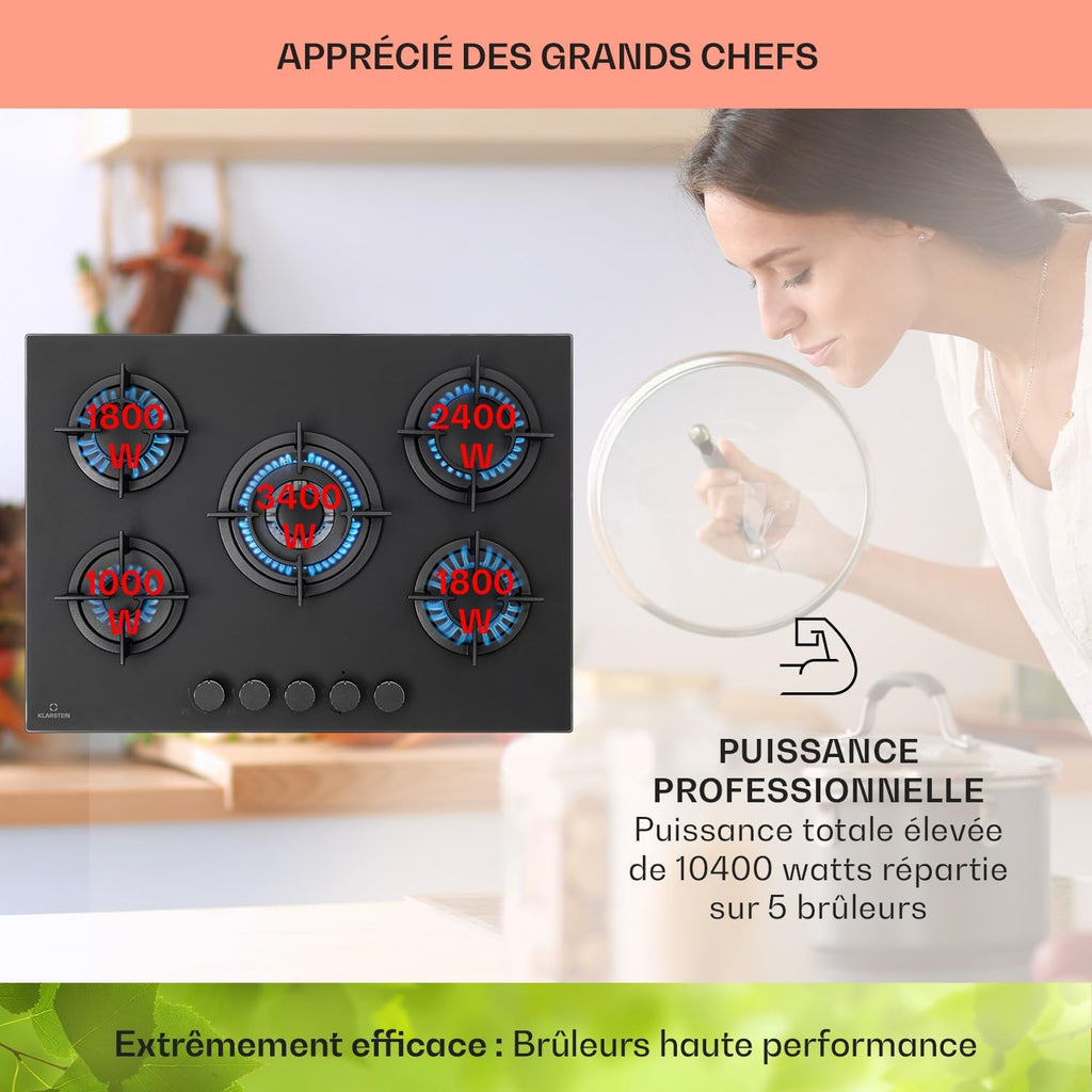 Klarstein Table de Cuisson à Gaz, Plaque de Cuisson Gaz à 5 Brûleurs, Table de Cuisson Encastrable à 5 Feux de 10400W, Cuisiniere Gaz, Gaziniere Gaz avec Brûleurs en Acier Inoxydable, Cuisinières GPL