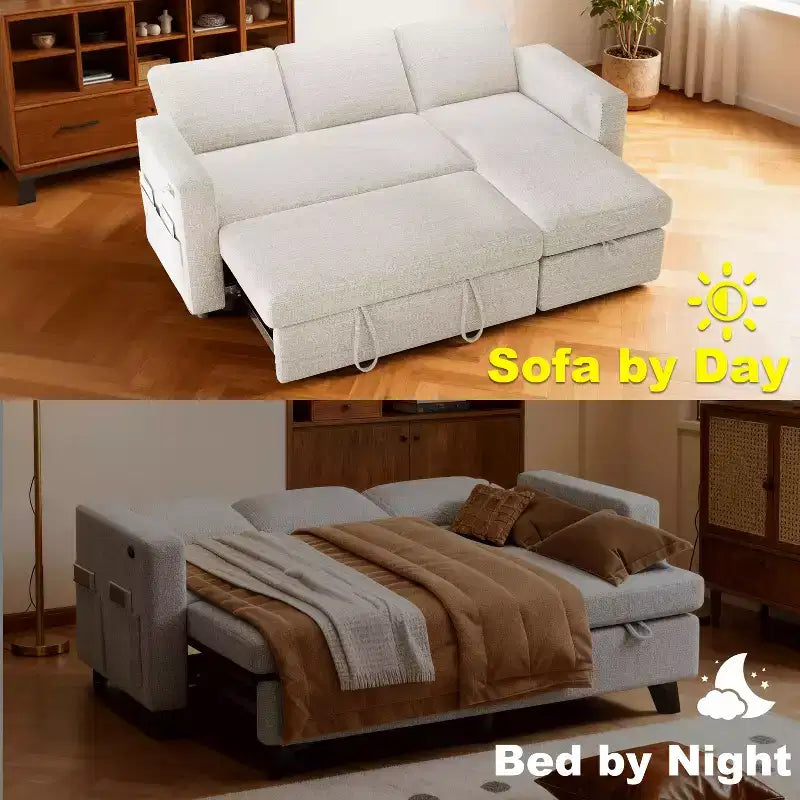 Dyonery 81 Sectional Sleeper Sofa, L-Shaped Pull Out Couch with Reversible Storage Chaise, USB, Reclining Backrest