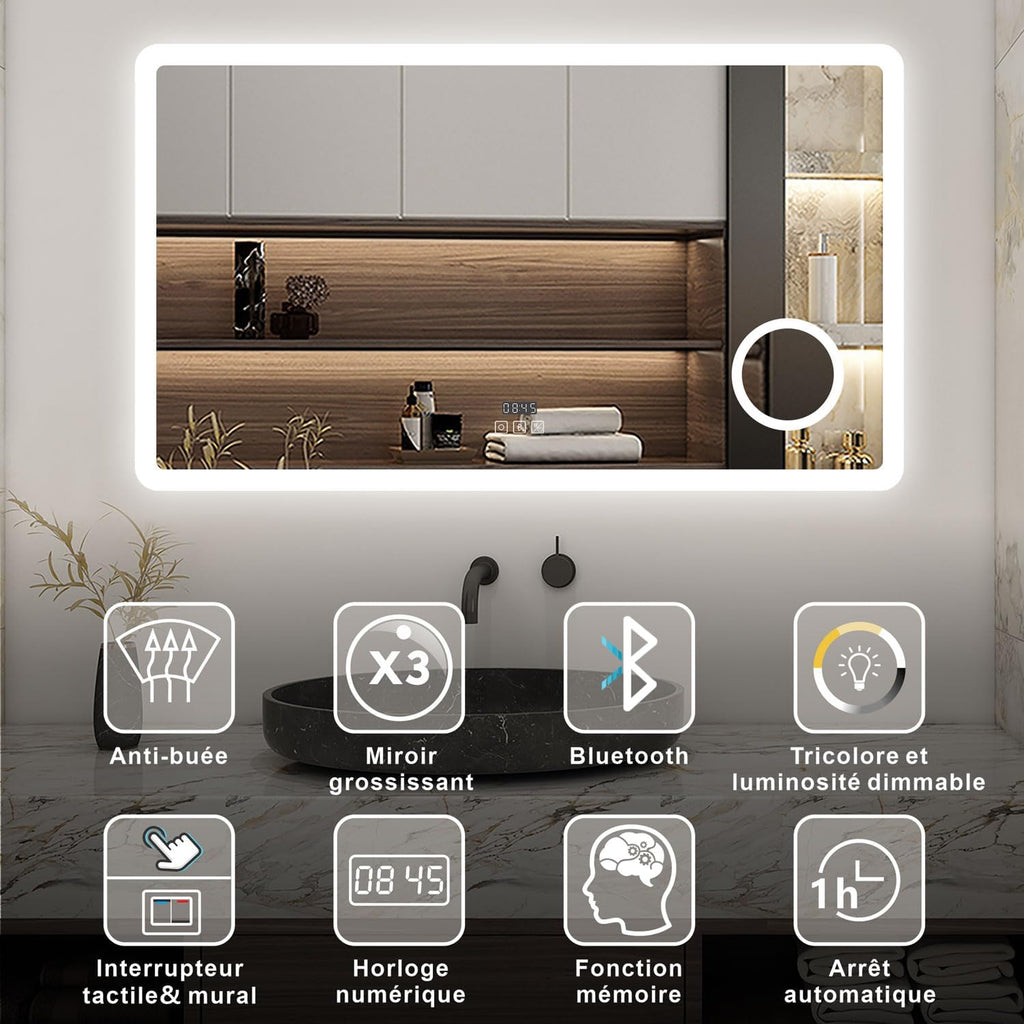 AICA Miroir Salle de Bain rectangulaire 120 x 70cm, Bluetooth + 3 Couleurs + dimmable + grossissant + Horloge + Anti-buée + mémoire, Miroir Lumineux