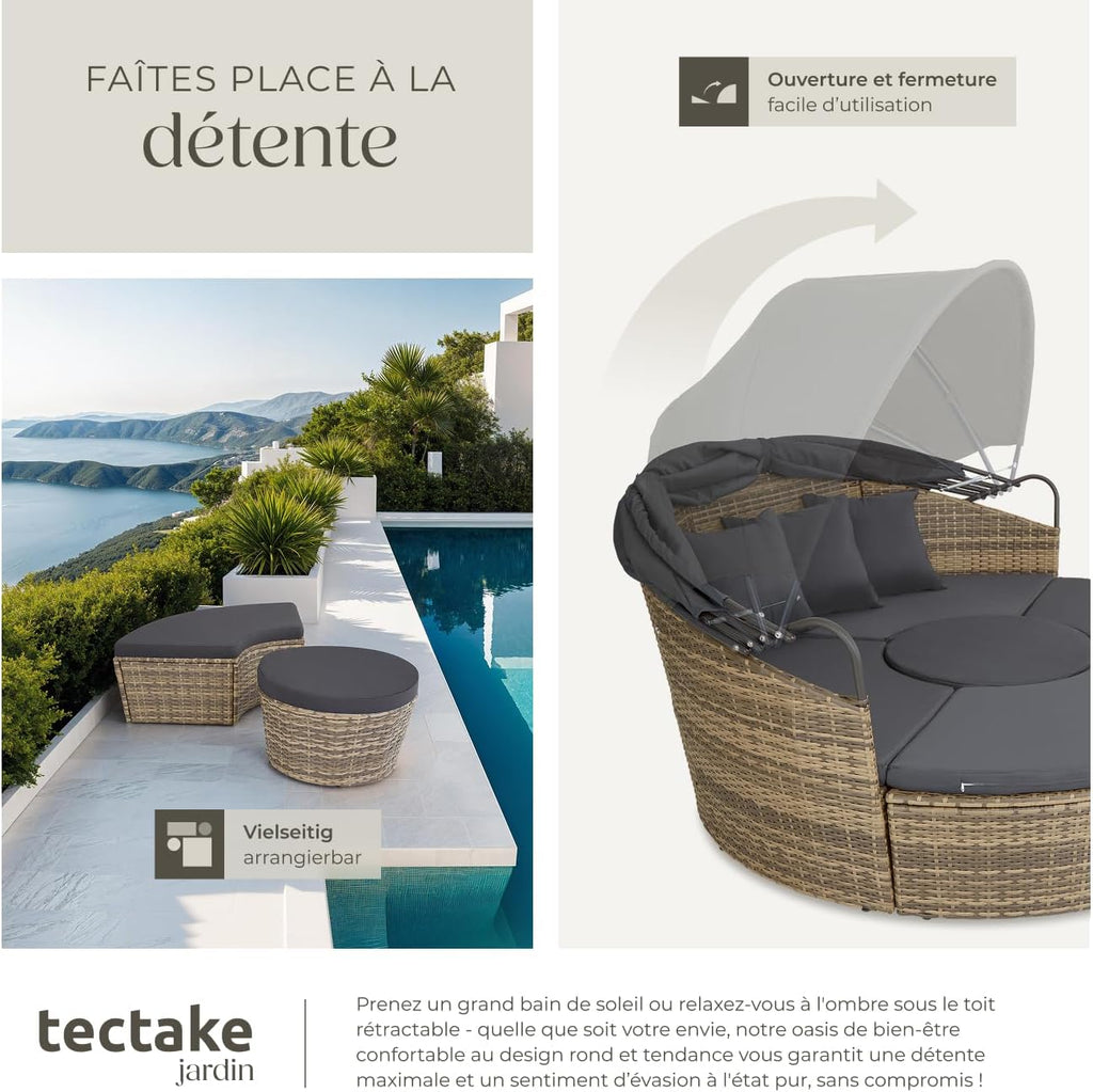 tectake Bain de soleil Salon de jardin exterieur Modulable en Résine tressée avec Pare Soleil Pliable, Coussins Inclus, Chaise longue Relax Mobilier de Jardin pour Amenagement Balcon Terrasse Veranda