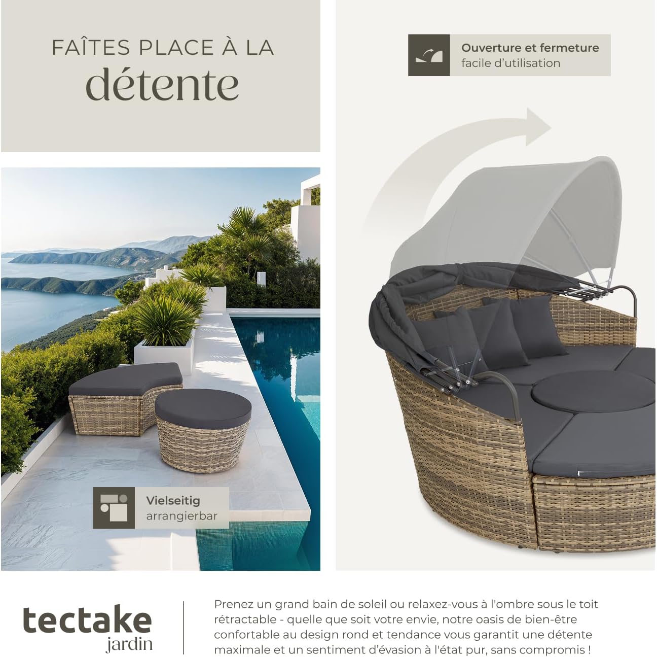 tectake Bain de soleil Salon de jardin exterieur Modulable en Résine tressée avec Pare Soleil Pliable, Coussins Inclus, Chaise longue Relax Mobilier de Jardin pour Amenagement Balcon Terrasse Veranda