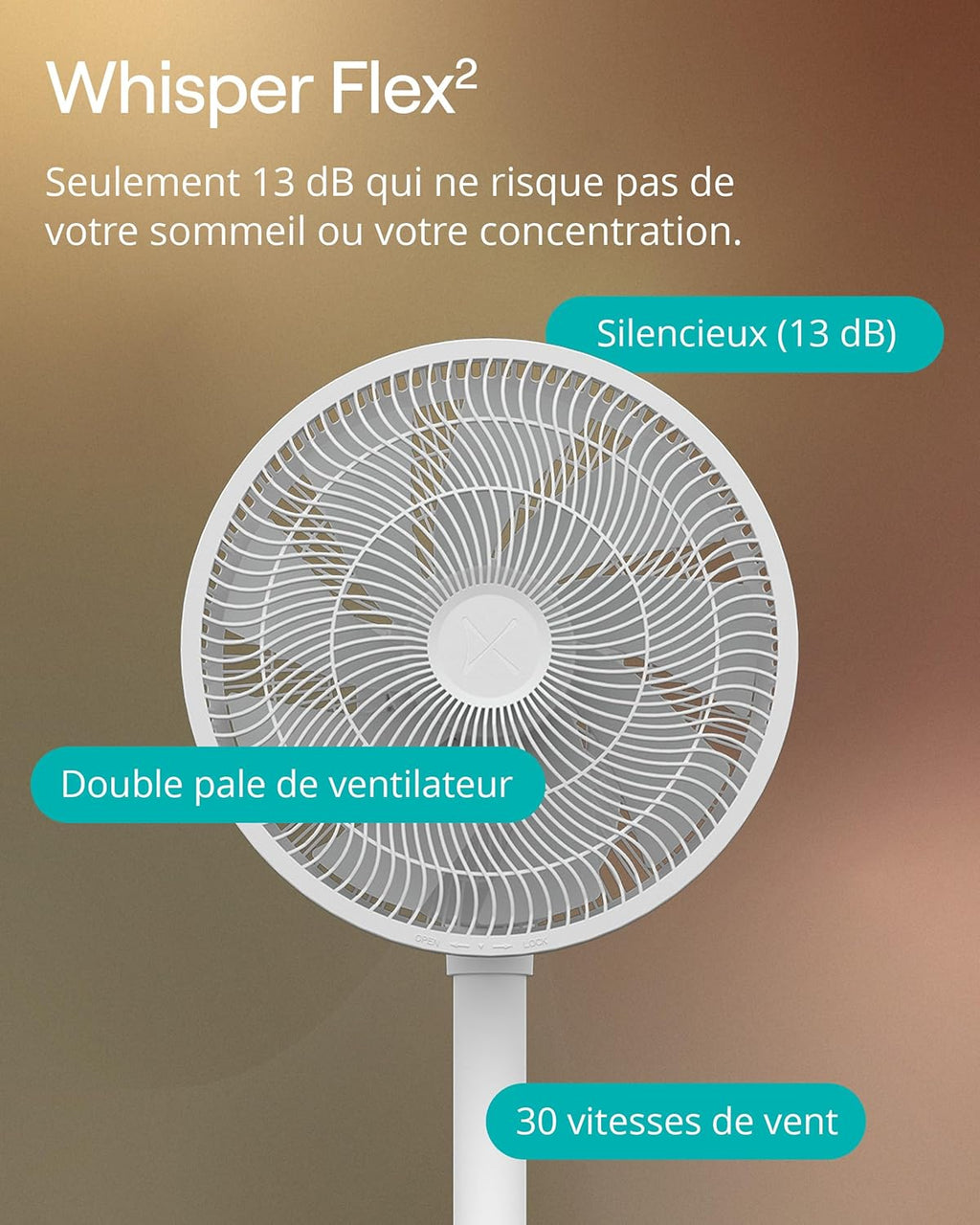 Duux Ventilateur intelligent Whisper Flex 2 – ultra silencieux 13 dB – mode nuit & minuterie – hauteur réglable (54–92 cm) – 2W éco – contrôle app & télécommande – Blanc