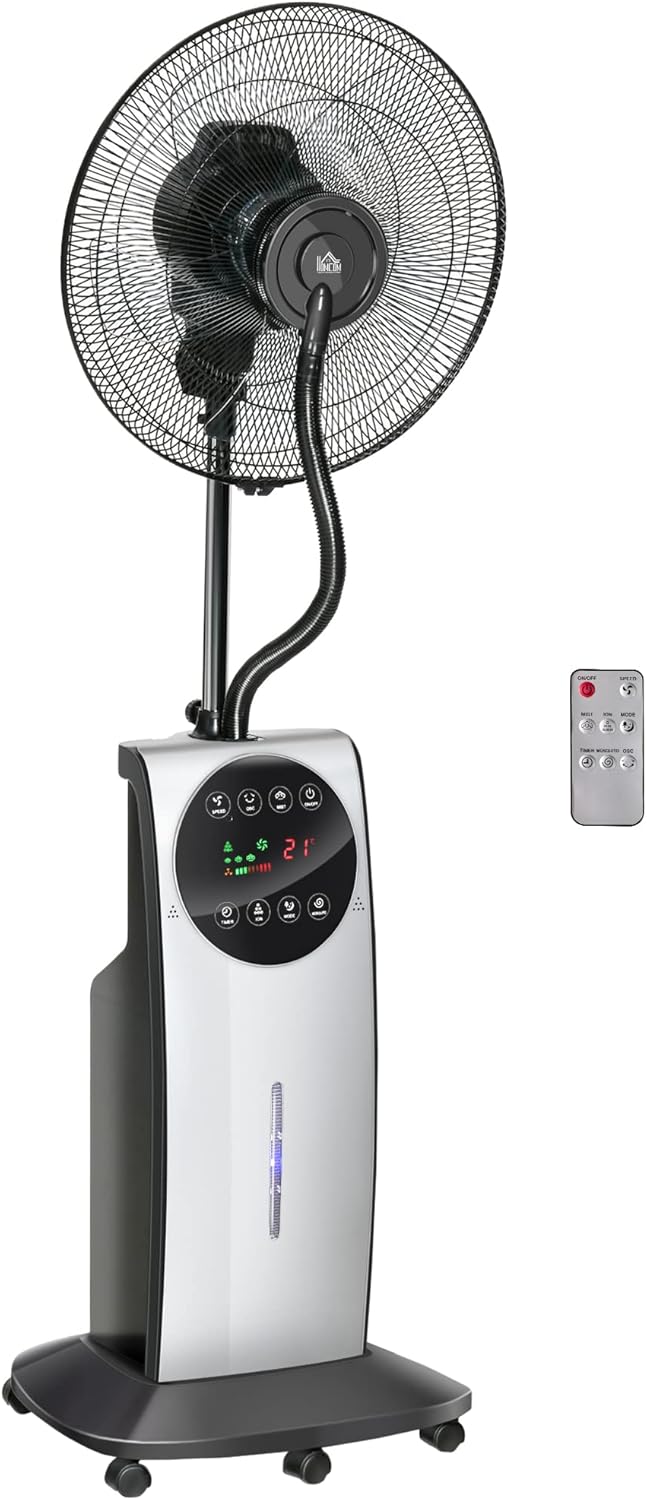 HOMCOM Ventilateur brumisateur silencieux 90 W, ventilateur sur pied 135 cm avec 3 modes 3 vitesses, télécommande, minuterie 12H, oscillation à 70°, écran LED, réservoir d'eau de 3,1L, gris et noir