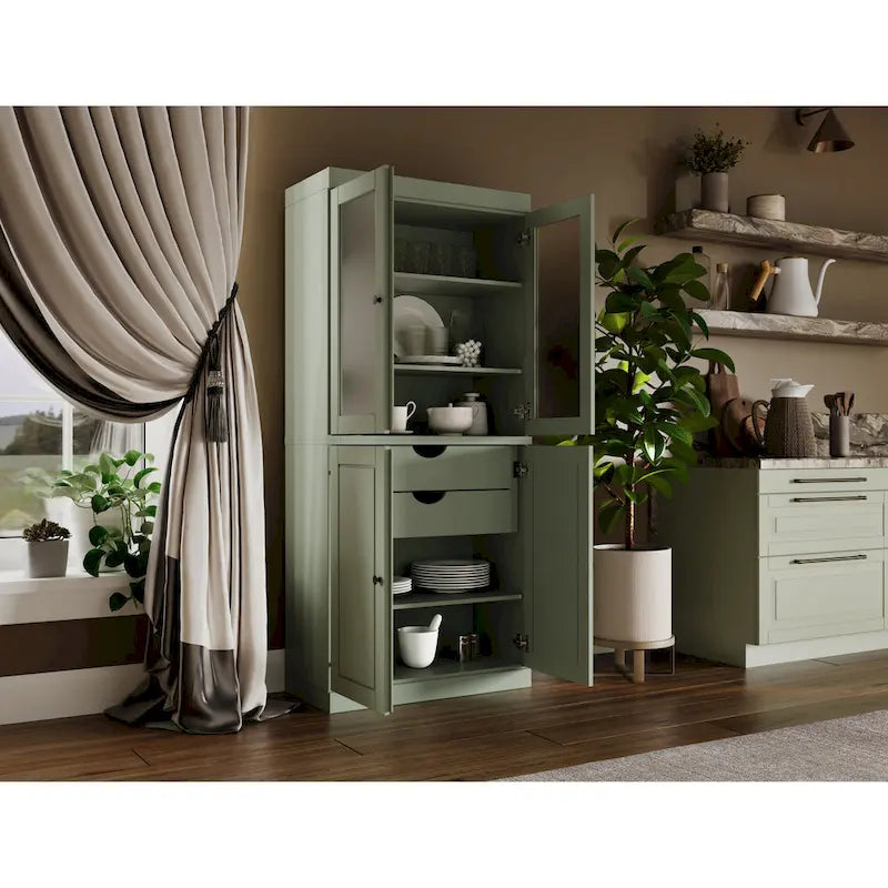 100% Solid Wood Pantry Cabinet with Frosted Glass Doors, Solid Doors, 2-Drawers and Adjustable Shelves
