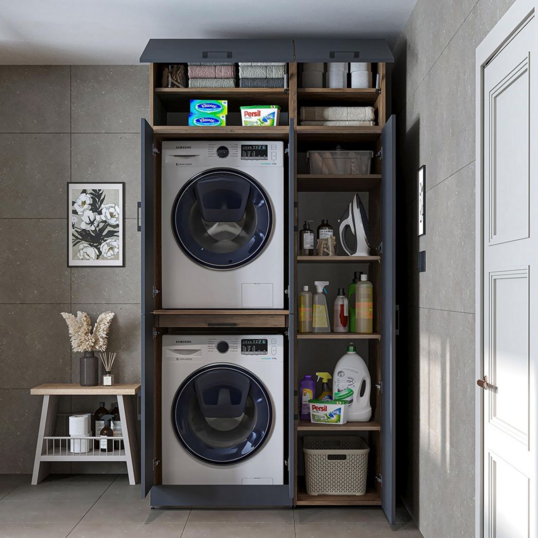 ROOMART Dora - Meuble pour machine à laver - Pour sèche-linge et machine à laver - En 4 couleurs - Avec portes et panneau coulissant - Blanc - Chêne blanc - Chêne anthracite - Chêne blanc (chêne blanc)