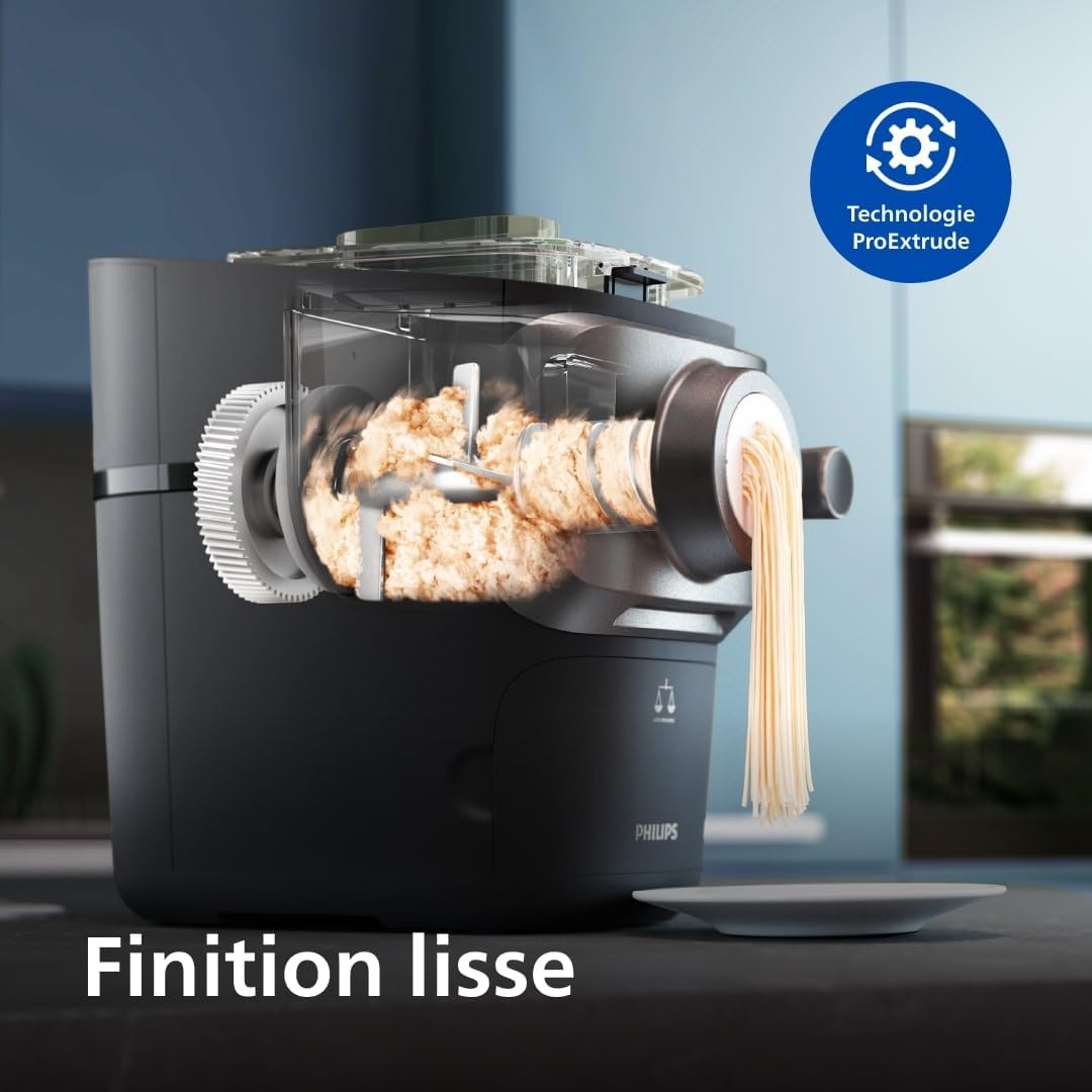 Philips Machine à Pâtes Série 7000 - Technologie ProExtrude, Pesée Automatique, 8 Disques de Forme, Pâte Parfaite, Nettoyage Facile, Jusqu'à 8 Portions, Noir (HR2665/93)