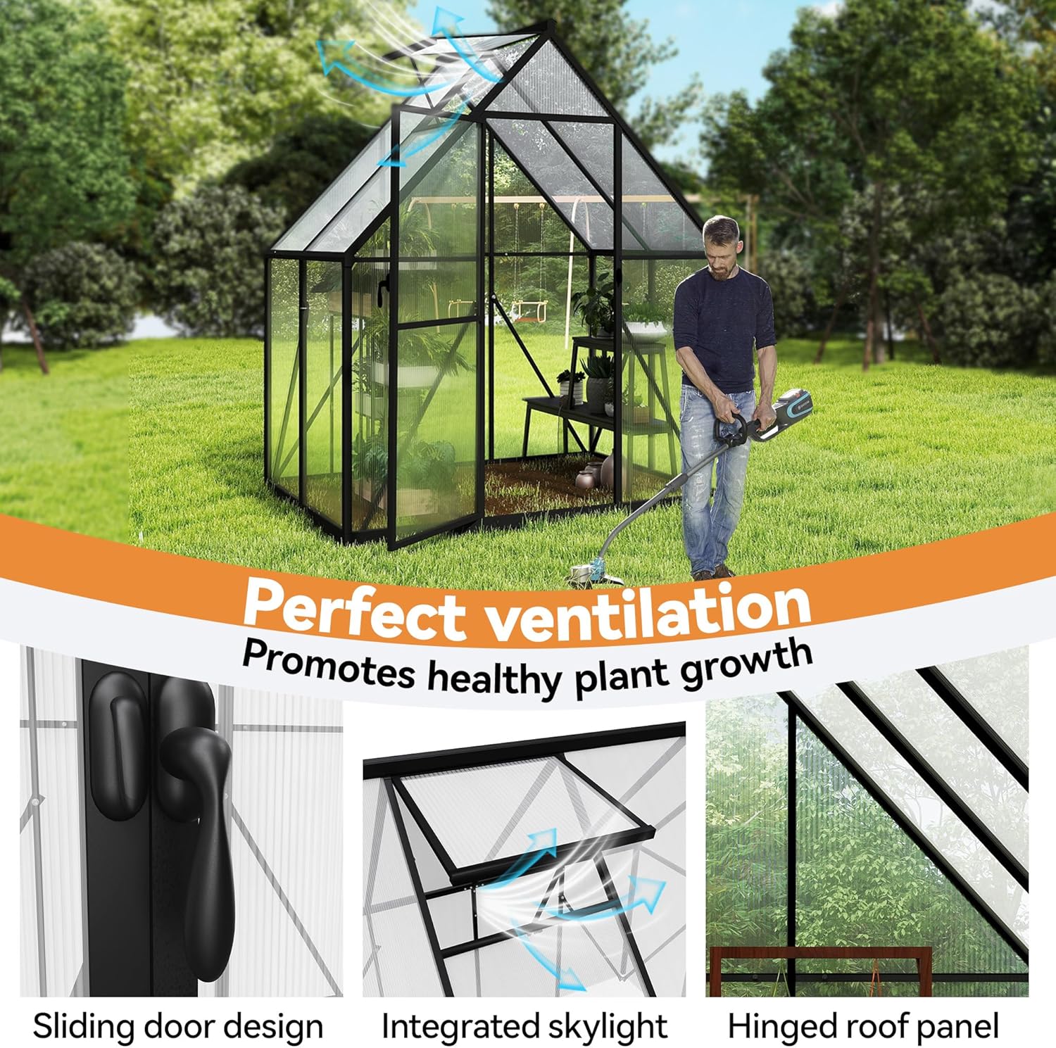 Froadp serre de jardin en aluminium avec fondation, 125 × 180 × 195 cm, polycarbonate 4 mm, résistante aux intempéries, avec fenêtres
