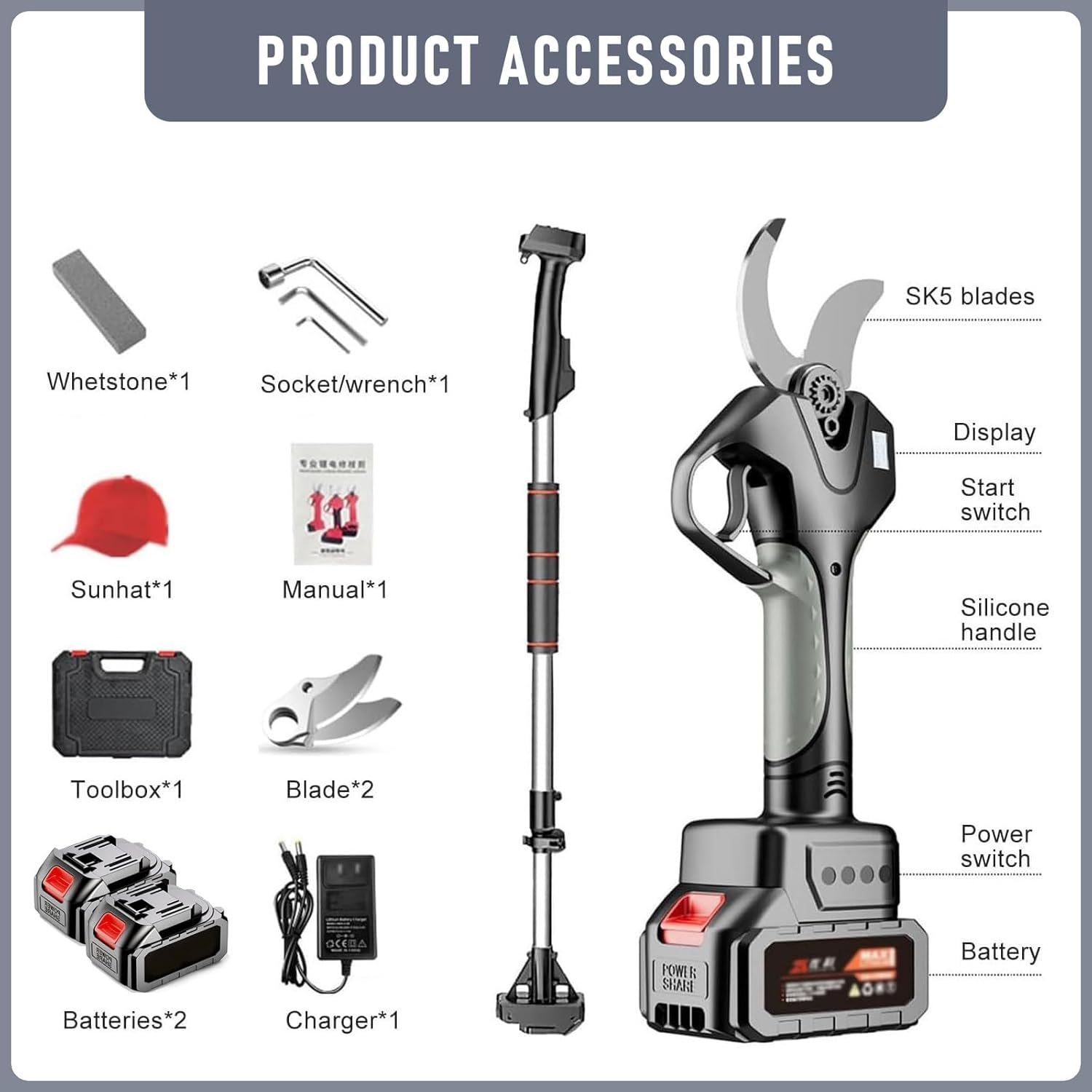 Sécateur électrique professionnel sans fil avec perche télescopique 2,1 m, écran LCD, batteries lithium rechargeables (2)