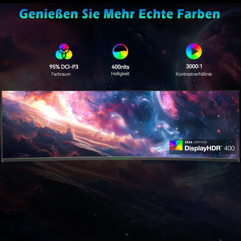 TITAN ARMY 49“ Ecran PC Gamer Incurvé, 144Hz, DFHD 3840 x 1080, Ultrawide 1800R VA Ecran Gaming, 32:9, HDR400, G-Sync & FreeSync, 99% sRGB, USB Type-C 65W, Réglable en Hauteur, HDMI, DP, C49SHC