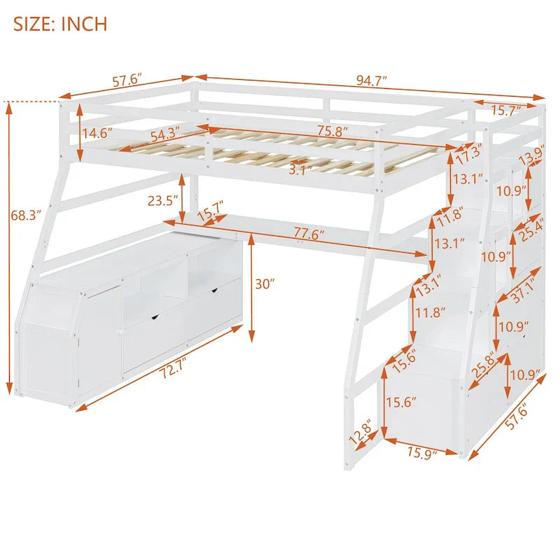 Full Pine Loft Bed with Desk and Storage