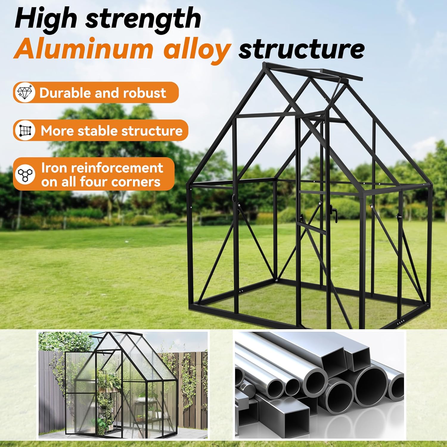 Froadp serre de jardin en aluminium avec fondation, 125 × 180 × 195 cm, polycarbonate 4 mm, résistante aux intempéries, avec fenêtres