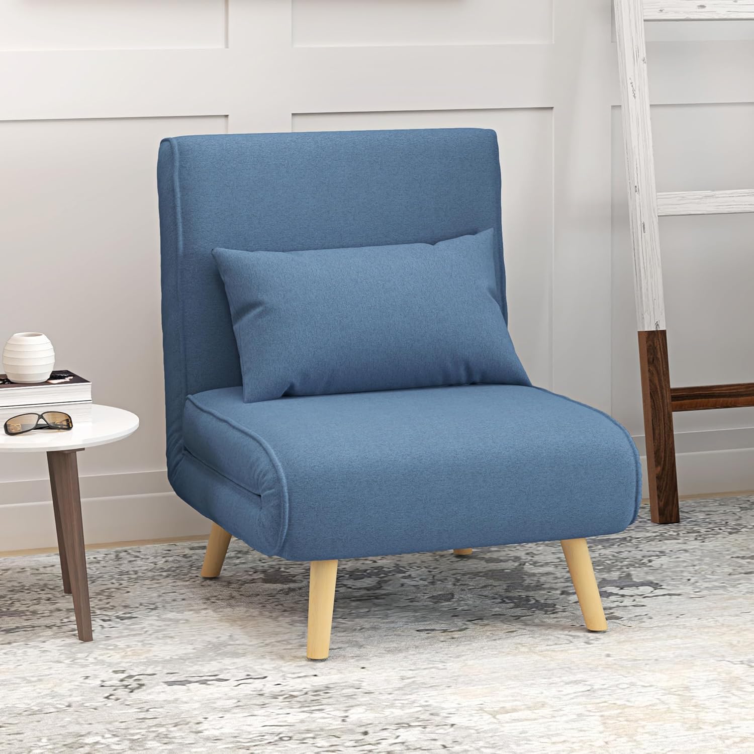 HOMCOM 3 en 1 Fauteuil Convertible 1 Place, Fauteuil lit et chauffeuse - Dossier inclinable 5 Niveaux et Oreiller Inclus, siège rembourré - pour Bureau, Salon, Chambre à Coucher, Bleu