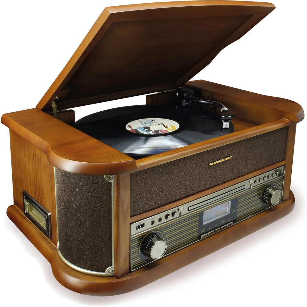 Soundmaster NR566BR Chaîne Hi-FI Nostalgie 7 en 1 Platine Vinyle Audio Technica Cellule magnétique | Radio numérique Dab+ | CD-MP3 | USB | Cassette | Bluetooth | Fonction de numérisation | égaliseur