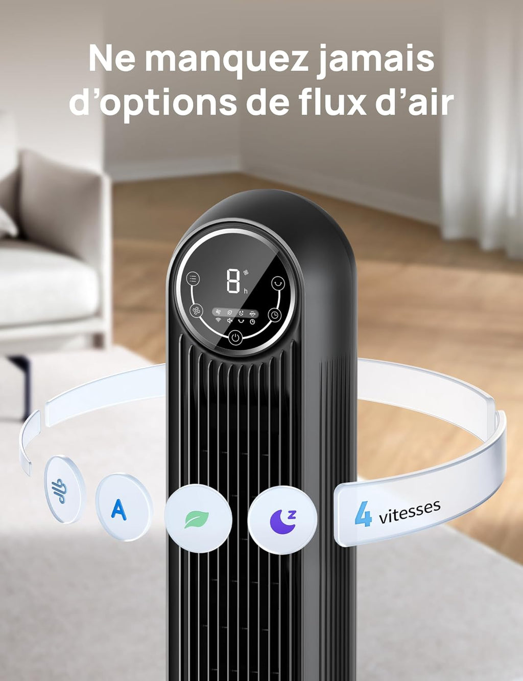 Dreo 20dB ventilateur colonne silencieux pour chambre, 7,6 m/s, oscillant à 90°, 92 cm, avec télécommande, ventilateurs tour équipés de 4 vitesses, 4 modes, et minuterie 8H, noir, Nomad One