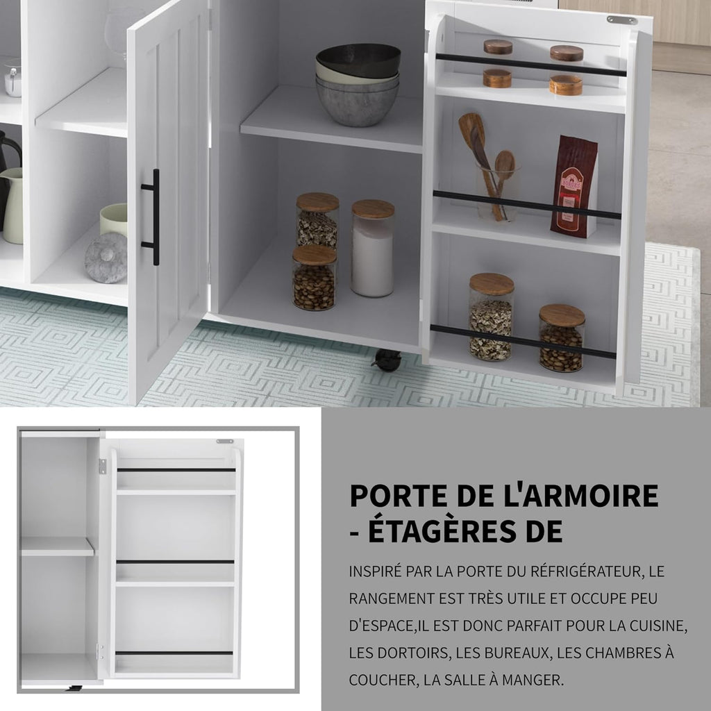 Desserte îlot de cuisine sur roulettes avec plan de travail rabattable, 2 tiroirs et 3 portes, blanc, 129 × 71 × 91,5 cm