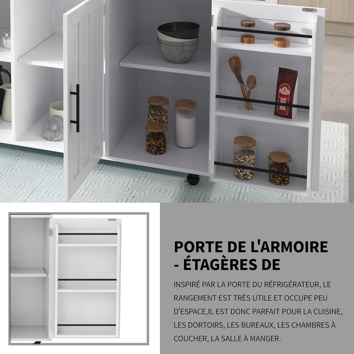 Desserte îlot de cuisine sur roulettes avec plan de travail rabattable, 2 tiroirs et 3 portes, blanc, 129 × 71 × 91,5 cm