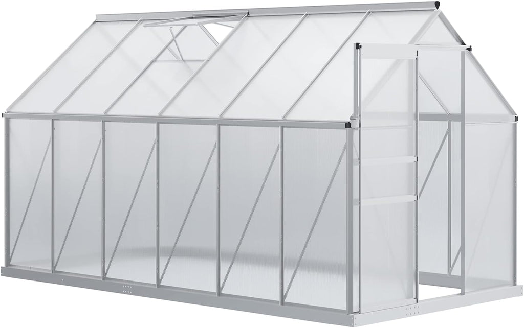 Outsunny Serre de Jardin en Polycarbonate 7,1 m² avec Porte coulissante, Lucarne Ajustable, Fondation Incluse, dim. 1,9L x 3,75l x 1,99 m - Argent et Transparent
