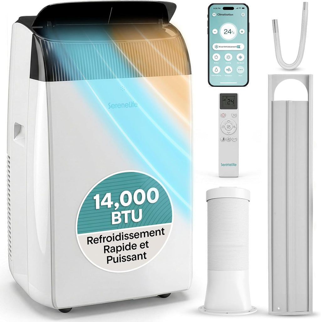 SereneLife Climatiseur Mobile 14000 BTU 2,9 kW avec Évacuation – WiFi 4 en 1 pour pièces jusqu’à 45 m², Refroidit Chauffe Ventile Déshumidifie
