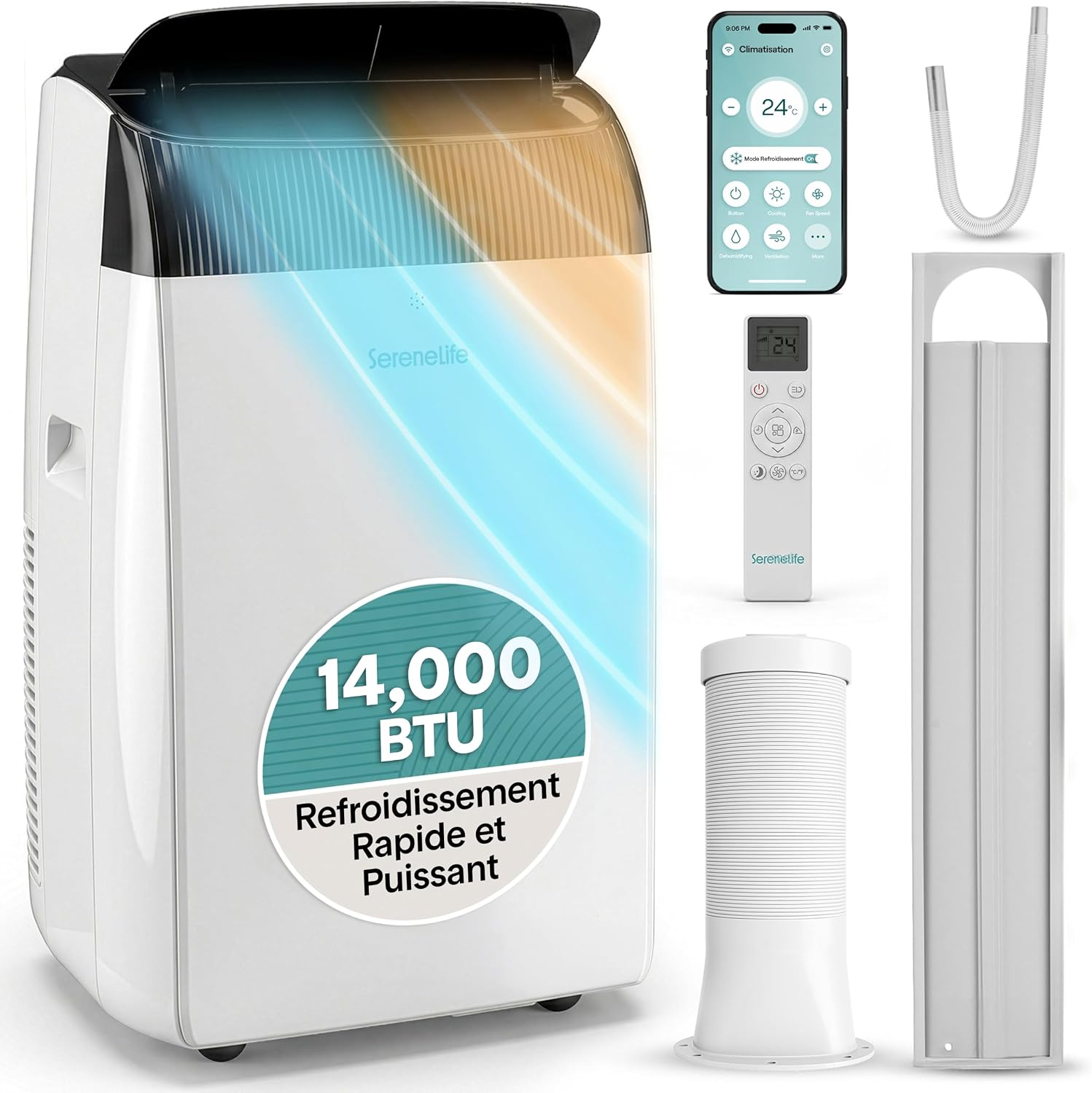 SereneLife Climatiseur Mobile 14000 BTU 2,9 kW avec Évacuation – WiFi 4 en 1 pour pièces jusqu’à 45 m², Refroidit Chauffe Ventile Déshumidifie