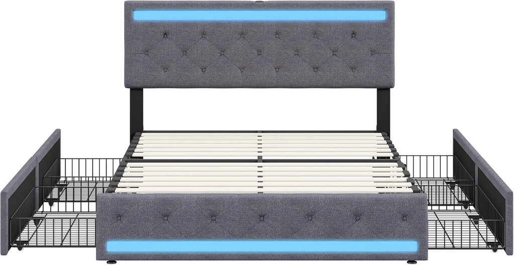 Lit double rembourré 140 x 190 cm avec 4 tiroirs, sommier à lattes, éclairage LED et ports USB, tête de lit réglable