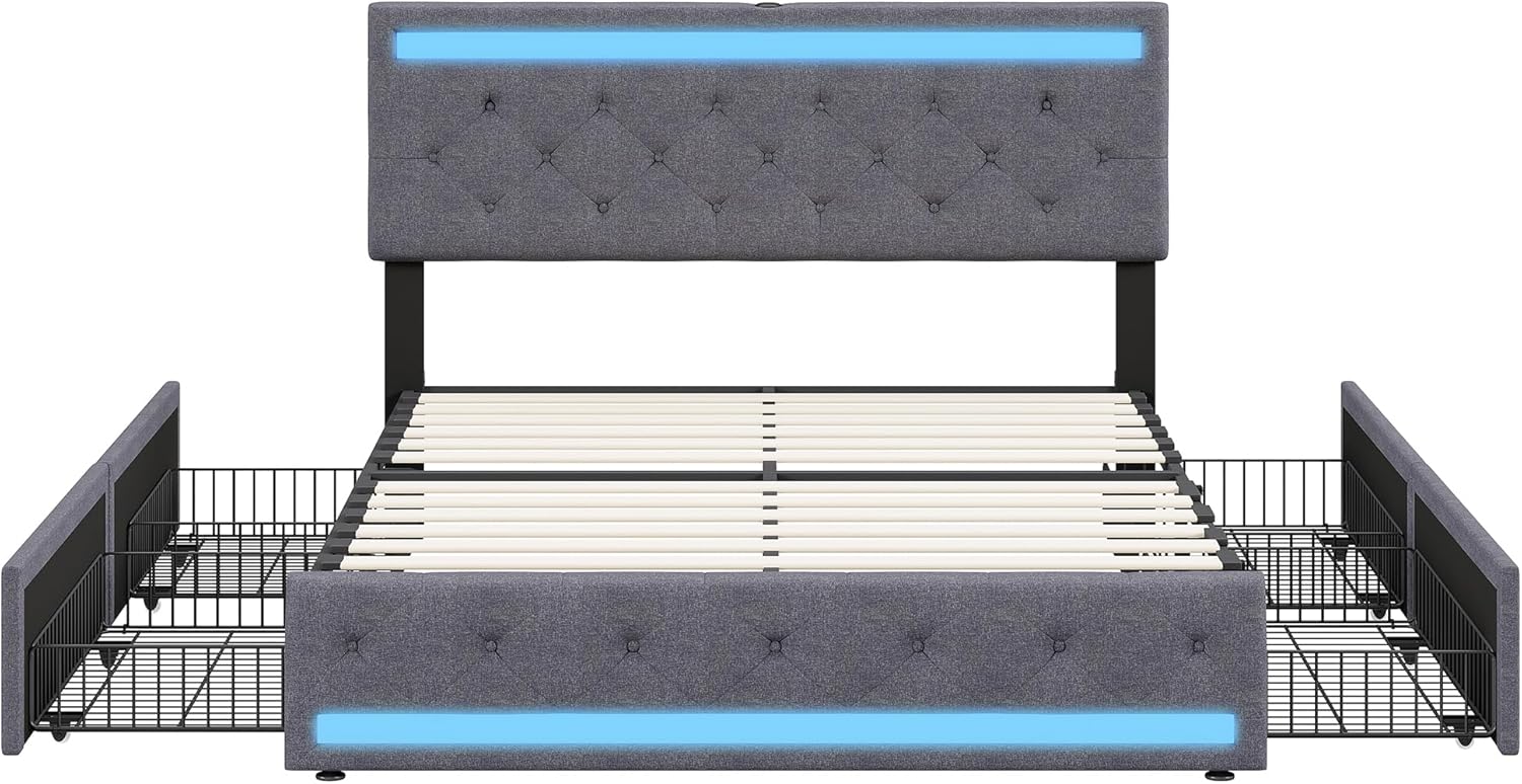 Lit double rembourré 140 x 190 cm avec 4 tiroirs, sommier à lattes, éclairage LED et ports USB, tête de lit réglable