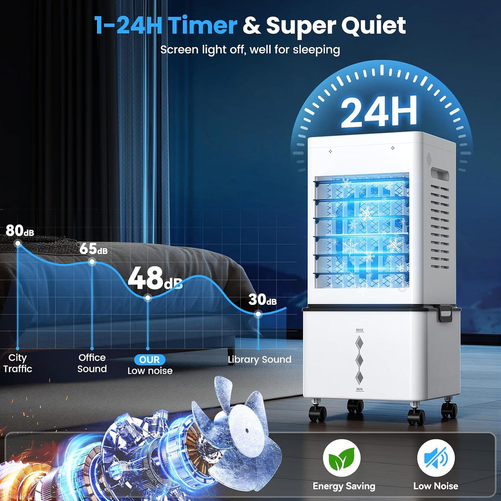 Climatiseur Mobile Silencieux 12L, Refroidisseur d'air Climatiseurs Portables Économie d'énergie Ventilateur Humidificateur, 6 Vitesses, Télécommande, 24H Minuterie, pour Maison Bureau Chambre (Blanc)