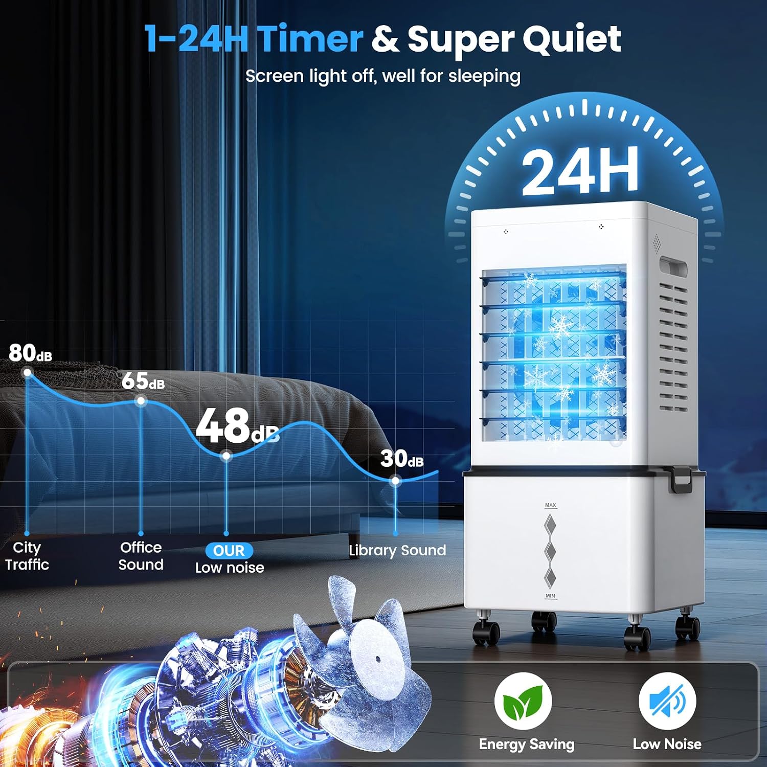 Climatiseur Mobile Silencieux 12L, Refroidisseur d'air Climatiseurs Portables Économie d'énergie Ventilateur Humidificateur, 6 Vitesses, Télécommande, 24H Minuterie, pour Maison Bureau Chambre (Blanc)
