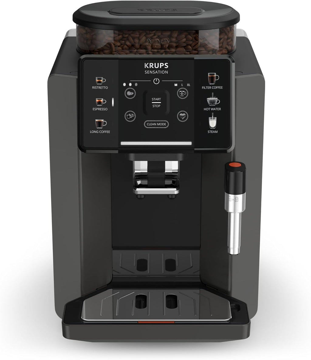 Krups Sensation C50, Machine à café grains, machine expresso, 5 boissons accès direct, Interface tactile, Facile à utiliser, Nettoyage automatique, Buse vapeur Cappuccino, Fabriqué en France EA910810