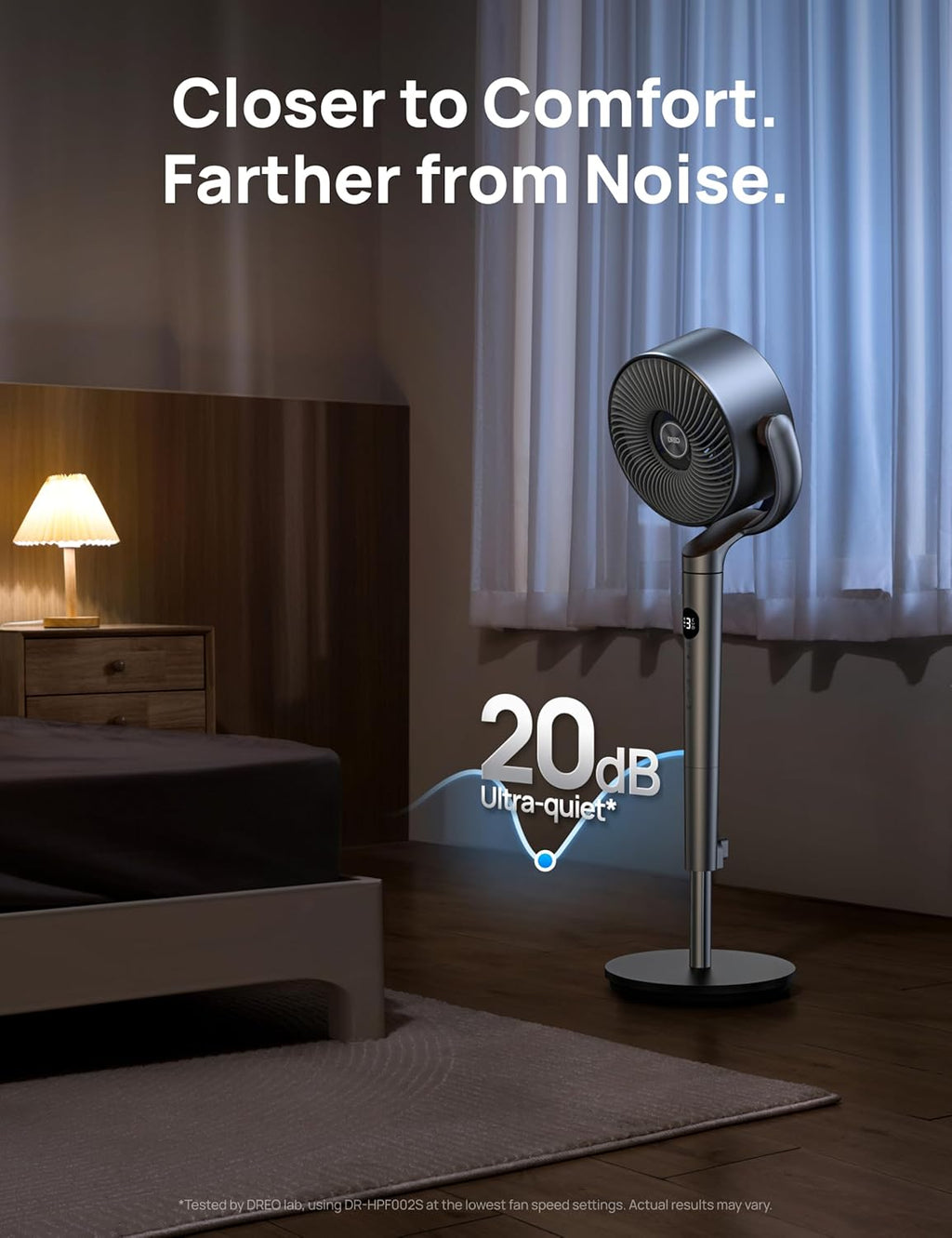 DREO 20 dB Smart Ventilateur Silencieux sur Pied, Oscillation à 120° + 120°, Ventilateurs Puissants avec Télécommande, Portée de 24 m, 6 Modes, 8 Vitesses, Minuterie de 12 h, Compatible avec Alexa