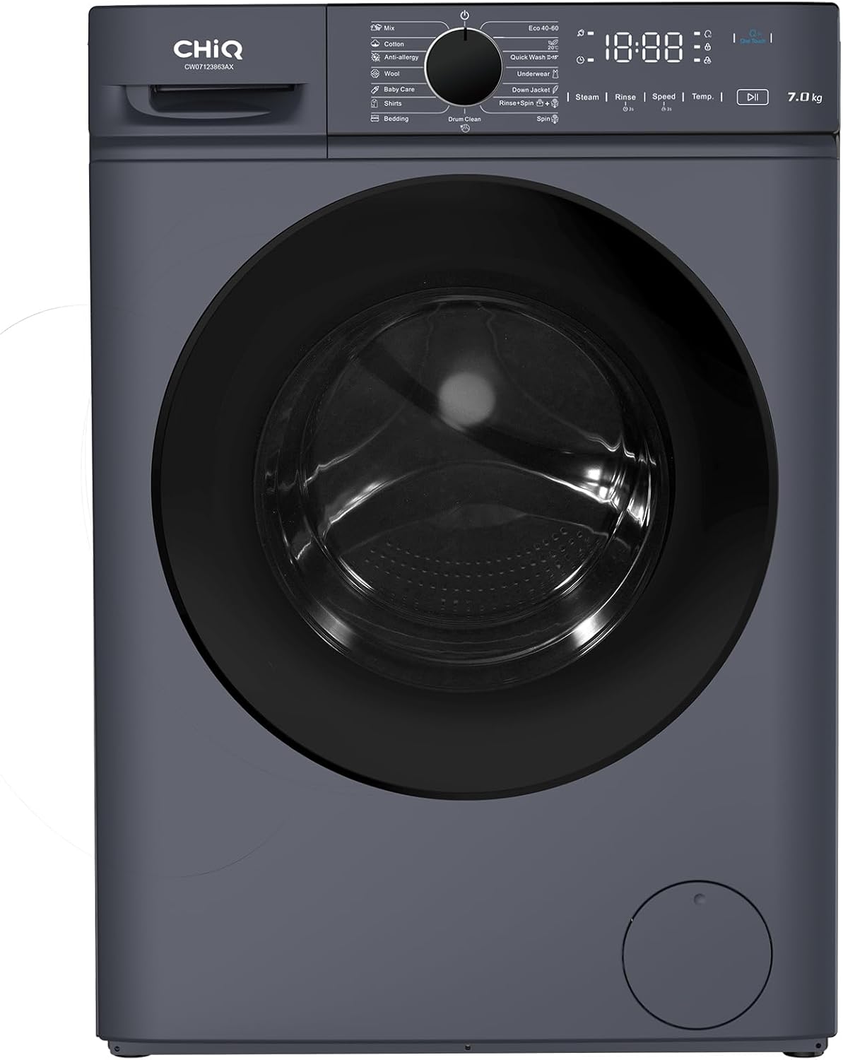 CHiQ CW07123863AX Lave linge hublot - 7kg, Classe énergétique A, Moteur BLDC 1200 RPM, Lavage vapeur & rapide, 15 programmes, Design compact (60x46.5x84cm) - Gris