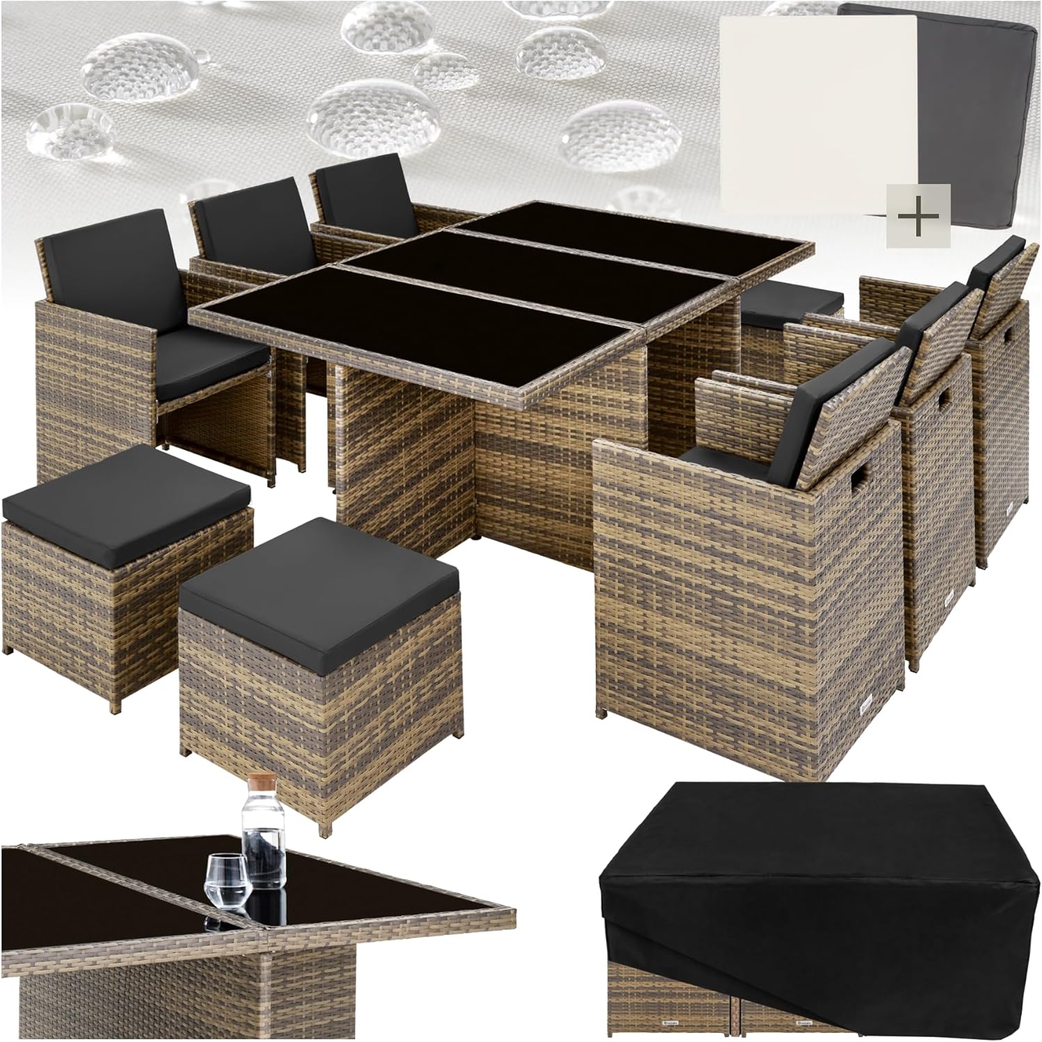 TecTake Salon de Jardin Exterieur en Résine Tressée Poly Rotin Salon de Jardin Table 10 Personnes Fauteuil Exterieur Encastrable Aluminium, 2 Sets de Housses + Housse de Protection – Marron Naturel