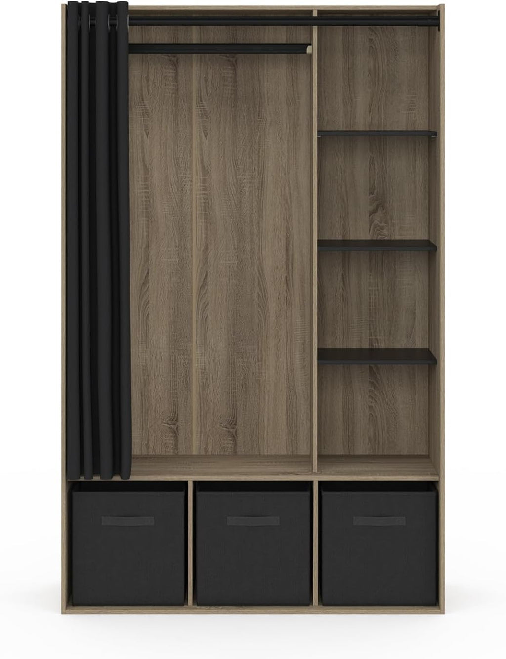 IDMarket - Dressing penderie Diane 105 x 50 x 172 cm hêtre avec étagères + boites de Rangement + Rideau Noir