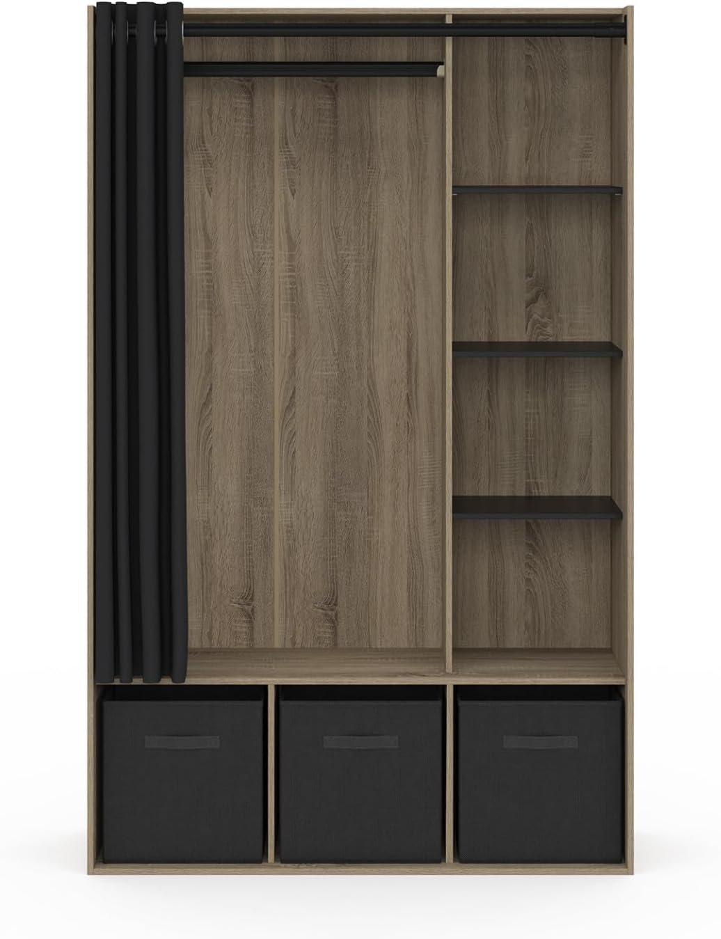 IDMarket - Dressing penderie Diane 105 x 50 x 172 cm hêtre avec étagères + boites de Rangement + Rideau Noir