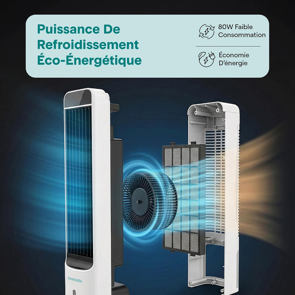 SereneLife Rafraîchisseur d'Air Évaporatif 5 L avec Télécommande, Ventilateur Colonne Oscillant Silencieux, 3 Vitesses, 4 Blocs Réfrigérants, Pour Chambre, Salon et Bureau