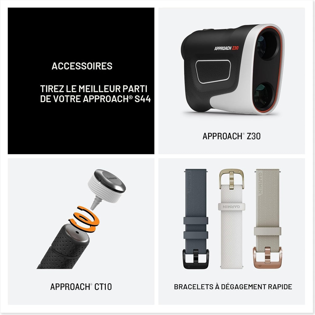Garmin Approach S44 Essential Golf GPS Smartwatch Écran AMOLED Fonctionnalités sur Le Terrain Lunette en Aluminium argenté avec Bracelet en Silicone Noir