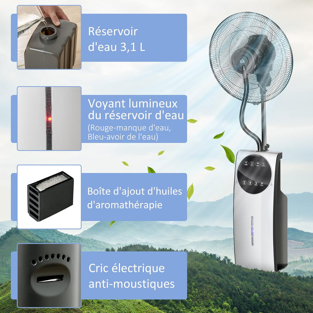 HOMCOM Ventilateur brumisateur silencieux 90 W, ventilateur sur pied 135 cm avec 3 modes 3 vitesses, télécommande, minuterie 12H, oscillation à 70°, écran LED, réservoir d'eau de 3,1L, gris et noir