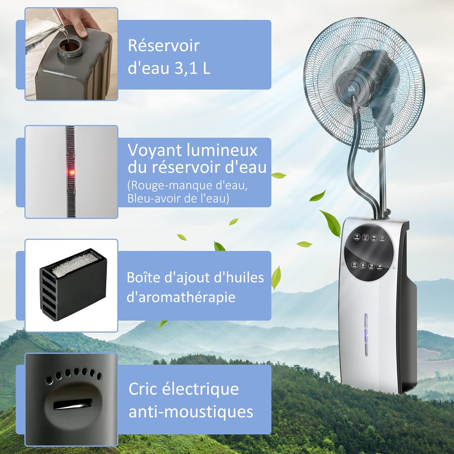 HOMCOM Ventilateur brumisateur silencieux 90 W, ventilateur sur pied 135 cm avec 3 modes 3 vitesses, télécommande, minuterie 12H, oscillation à 70°, écran LED, réservoir d'eau de 3,1L, gris et noir