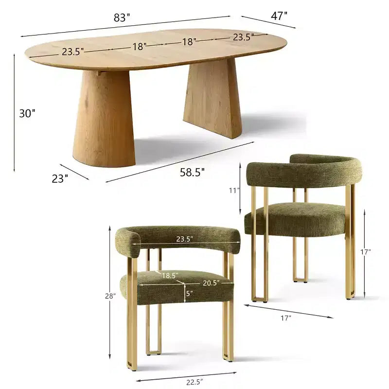 Expandable Round to Oval Dining Table Set with 4 Velvet Armchairs, Modern Pedestal Design, Seats Up to 8 People-Panipeachy