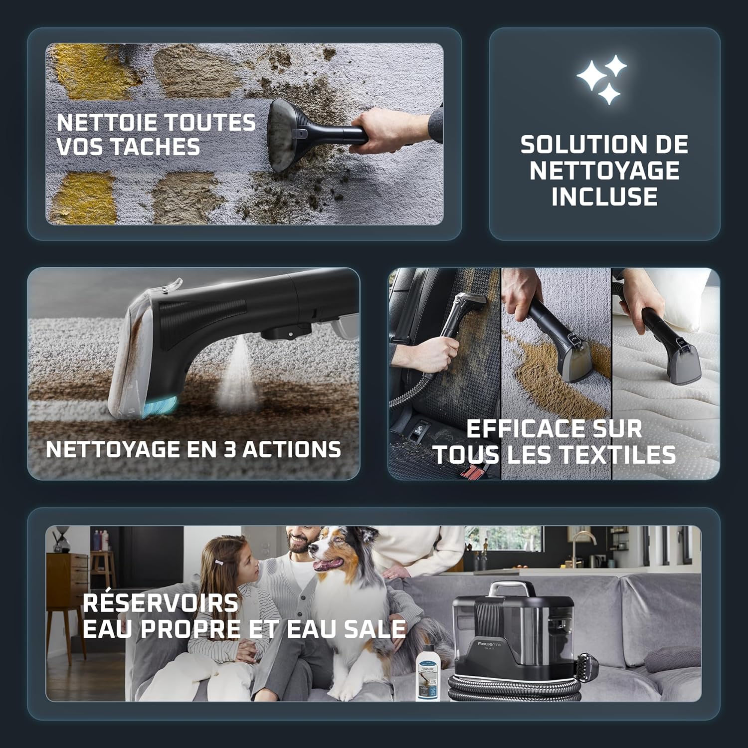 Rowenta X-Clean 10 et Clean it, Aspirateur Laveur sans Fil et Shampouineuse, Parfait pour Tâches Tenaces et Poils, Sols Durs, Moquettes et Tapis GZ7540WO + IN5010F0
