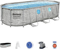 Bestway 56946 Piscine Power Steel™ Swim Vista ovale 488 x 305 x 107 cm motif rotin avec hublots, filtration à sable, échelle, bâche et diffuseur Chemconnect™(5,49 x 2,74 x 1,22 m/Motif pierre grise)